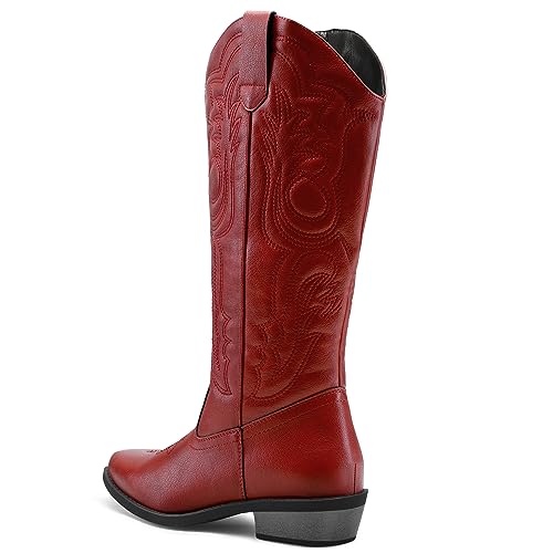 mysoft Women's Cowboy Boots Mid Calf Cowgirl Embroidered Western Pointed Toe Chunky Heel Pull On Knee High Boots - Image 5