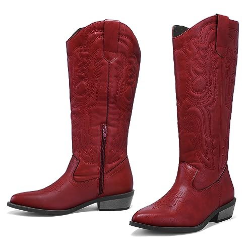 mysoft Women's Cowboy Boots Mid Calf Cowgirl Embroidered Western Pointed Toe Chunky Heel Pull On Knee High Boots - Image 4