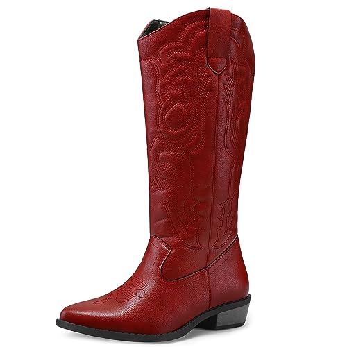 mysoft Women's Cowboy Boots Mid Calf Cowgirl Embroidered Western Pointed Toe Chunky Heel Pull On Knee High Boots - Image 1