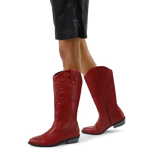 mysoft Women's Cowboy Boots Mid Calf Cowgirl Embroidered Western Pointed Toe Chunky Heel Pull On Knee High Boots - Image 3