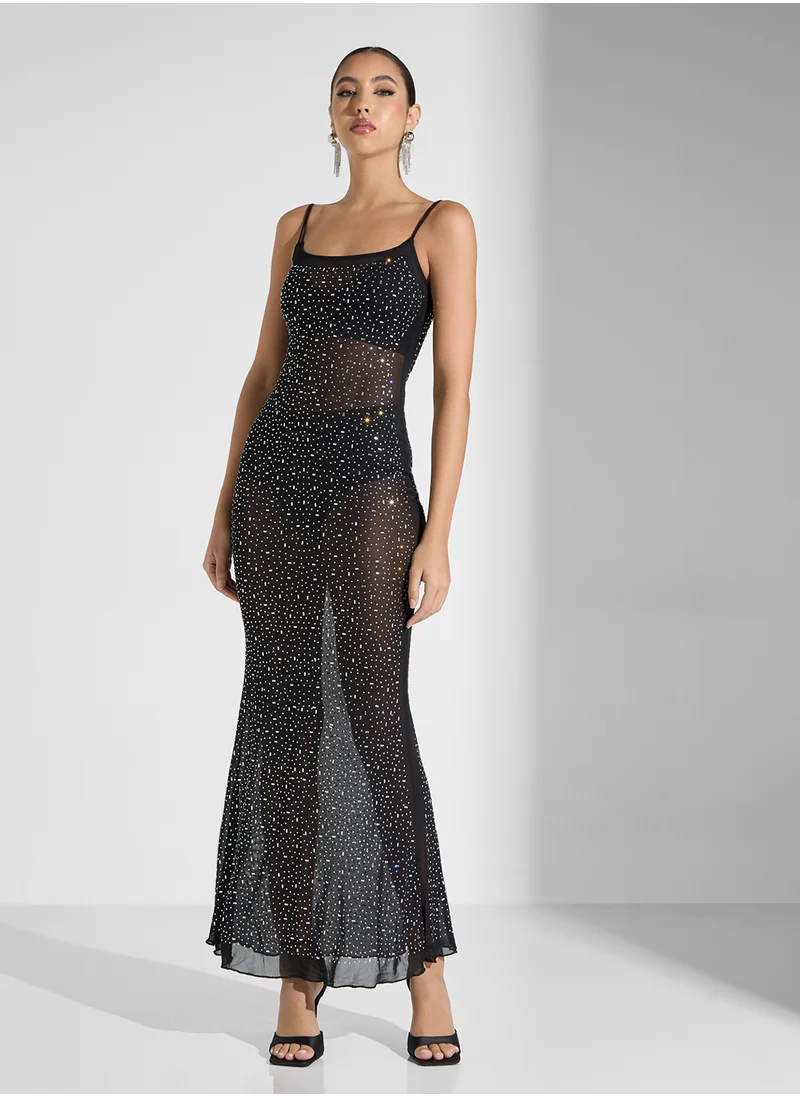 جينجر Embellished Square Neck Evening Dress In Black