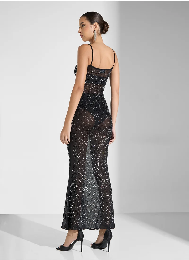 جينجر Embellished Square Neck Evening Dress In Black