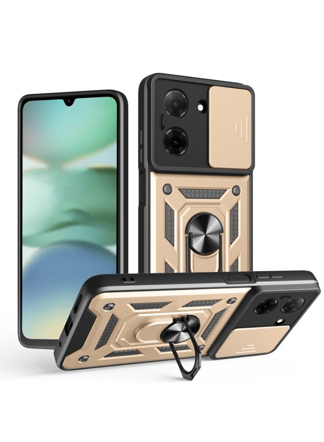 Shunjia Sliding Window Case, Shockproof Rugged Armor with Sliding Camera Cover & 360° Ring Kickstand, Compatible with Xiaomi Redmi A5 (Gold)