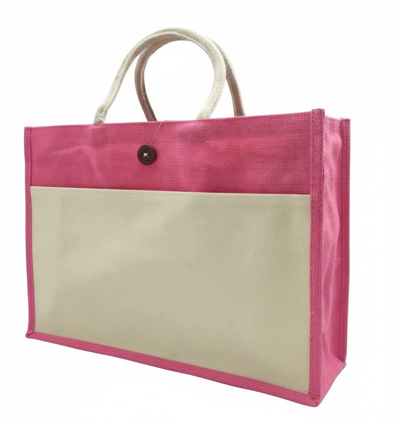 12 PIECES - Jute Shopping Tote Bag with Cotton Pocket,Two-Tone Button Closure (NATURAL JUTE/PINK CANVAS WITH BOTTON) 41 X 33 X 15 - Image 2