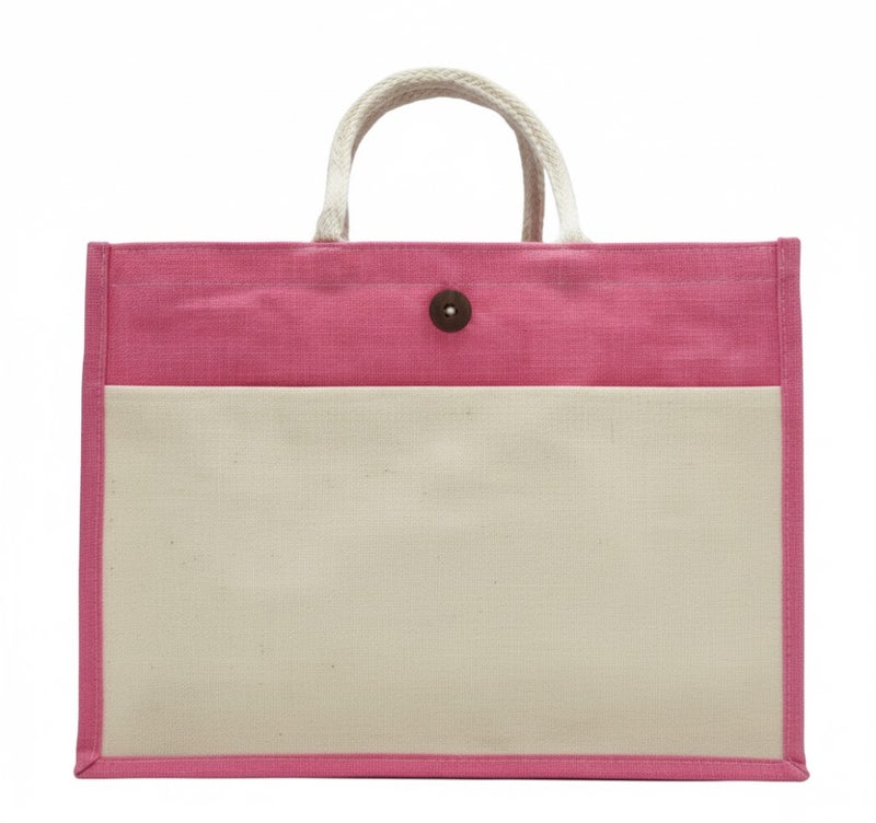 12 PIECES - Jute Shopping Tote Bag with Cotton Pocket,Two-Tone Button Closure (NATURAL JUTE/PINK CANVAS WITH BOTTON) 41 X 33 X 15 - Image 1