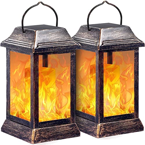 TomCare Solar Lights Metal Flickering Flame Solar Lantern Outdoor Hanging Lanterns Lighting Heavy Duty Solar Powered Waterproof LED Flame Lights for Patio Garden Christmas Decorations, 2 Pack (Bronze) - Image 1
