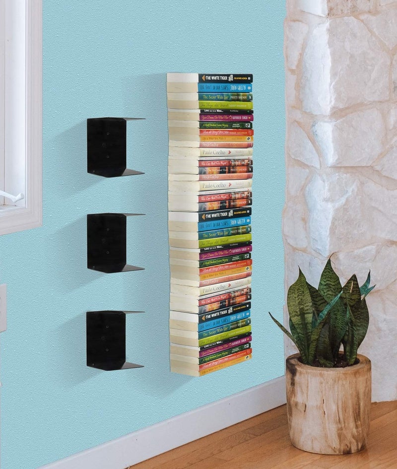 myl Book Shelf Wall Mounted Heavy Duty Metal Invisible Book Shelves 3 Piece Per Pack (Made in India) with Screws & Plastic Anchors Included - Black (3, Black) - Image 1