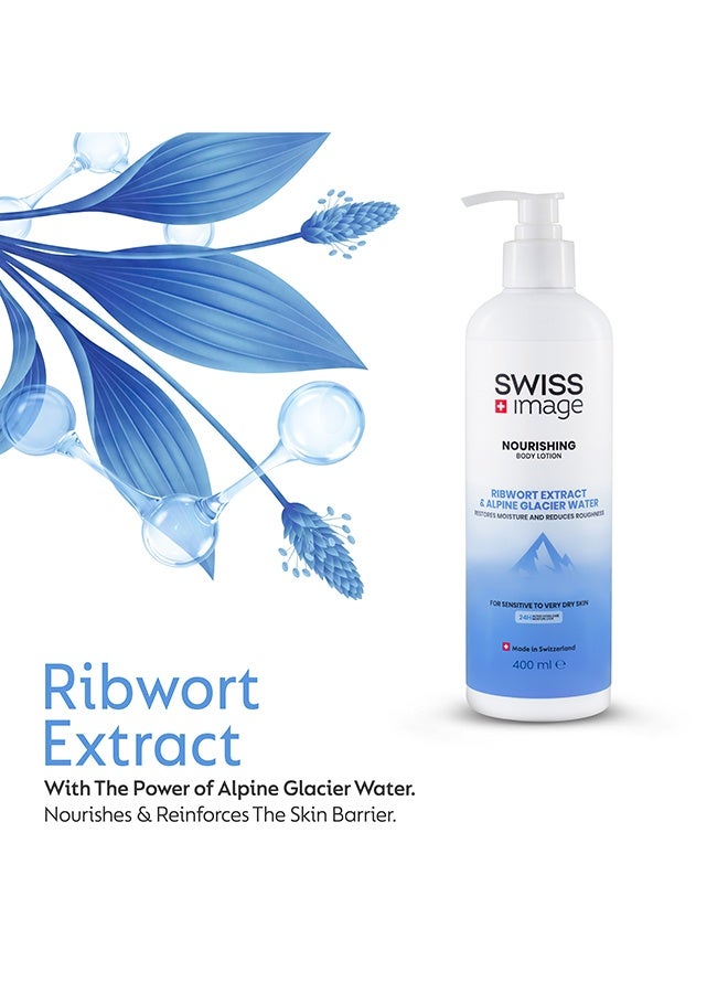 Swiss Image Nourishing Body Lotion 400 ml | Ribwort, Mallow, Glycerin, Panthenol & Alpine Glacier Water | Deep Nourishment, 24H Moisture, Soothes & Softens | Non-Greasy | Dry Skin | For Men & Women - Image 3