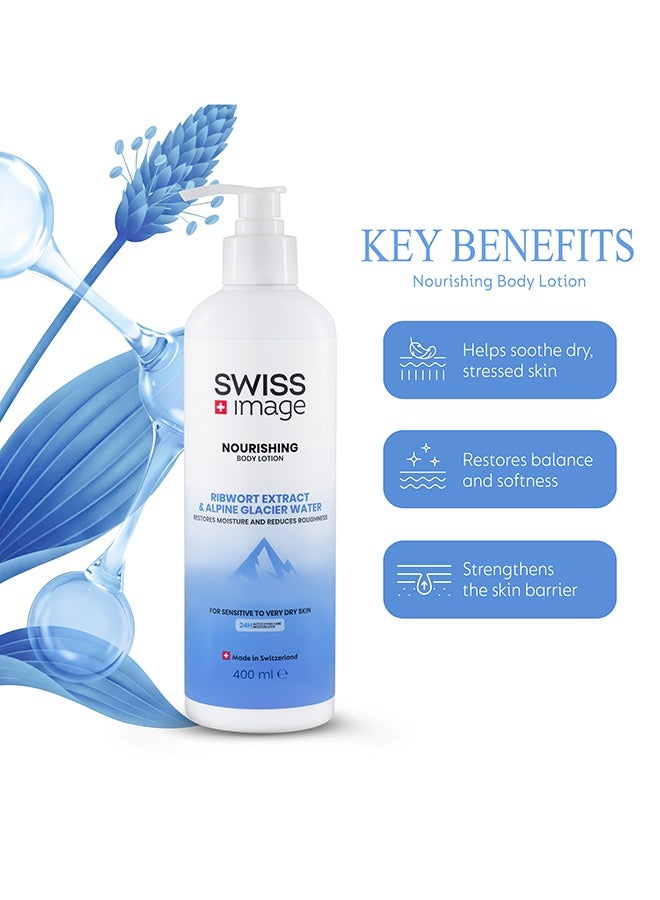 Swiss Image Nourishing Body Lotion 400 ml | Ribwort, Mallow, Glycerin, Panthenol & Alpine Glacier Water | Deep Nourishment, 24H Moisture, Soothes & Softens | Non-Greasy | Dry Skin | For Men & Women - Image 4