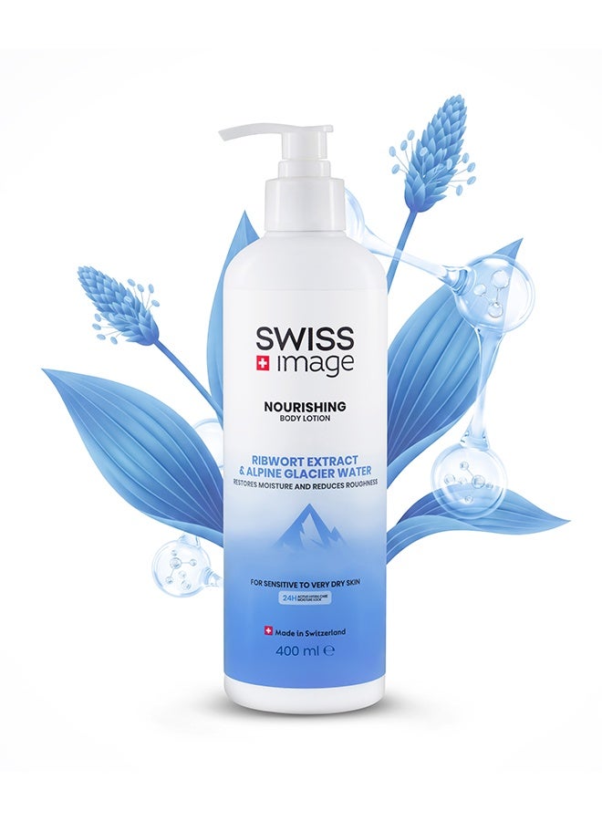 Swiss Image Nourishing Body Lotion 400 ml | Ribwort, Mallow, Glycerin, Panthenol & Alpine Glacier Water | Deep Nourishment, 24H Moisture, Soothes & Softens | Non-Greasy | Dry Skin | For Men & Women - Image 2
