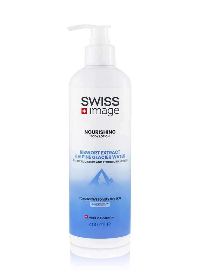 Swiss Image Nourishing Body Lotion 400 ml | Ribwort, Mallow, Glycerin, Panthenol & Alpine Glacier Water | Deep Nourishment, 24H Moisture, Soothes & Softens | Non-Greasy | Dry Skin | For Men & Women - Image 1