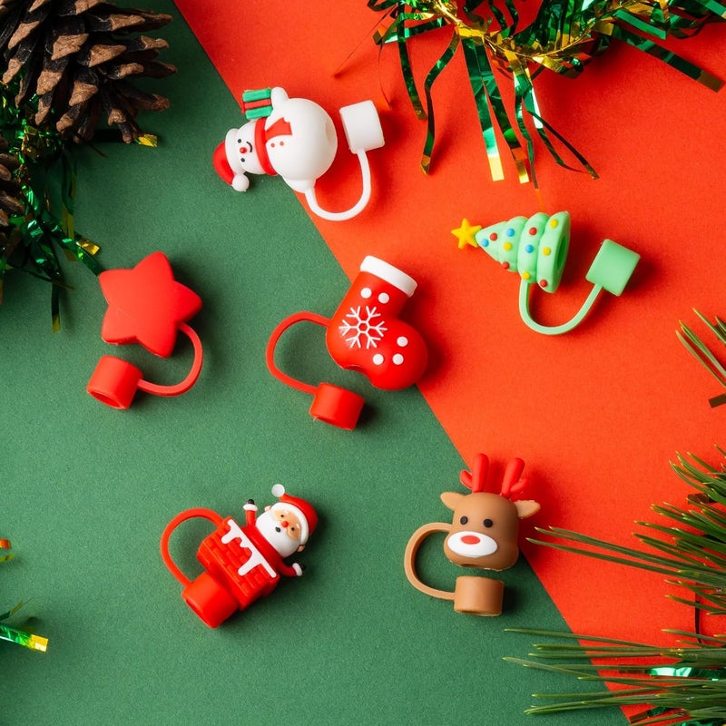 BULKITEM 6Pcs Christmas Red Straw Cover Cap for Stanley Cup 40oz/30oz Tumbler, 10mm Reusable Cute Drinking Straw Topper Accessories, Portable Protector Plugs Decorations Gifts for Party Christmas - Image 5