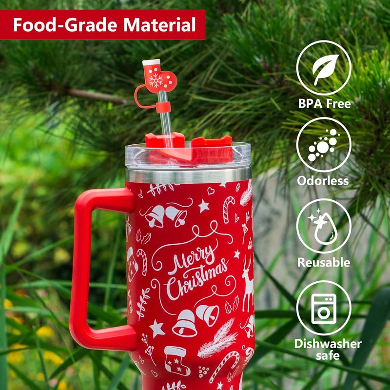 BULKITEM 6Pcs Christmas Red Straw Cover Cap for Stanley Cup 40oz/30oz Tumbler, 10mm Reusable Cute Drinking Straw Topper Accessories, Portable Protector Plugs Decorations Gifts for Party Christmas - Image 3