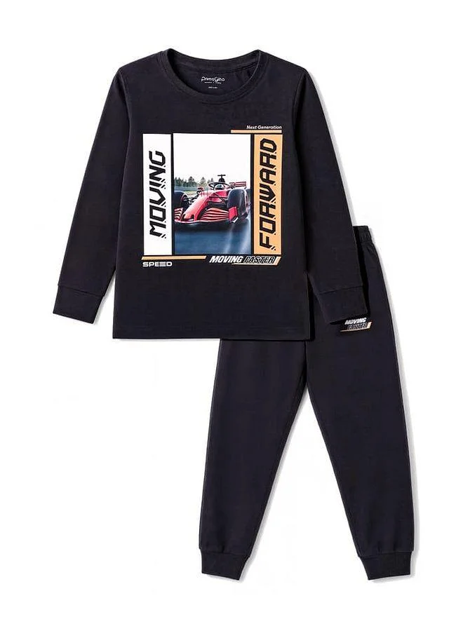 Primo Gino Primo Gino 100% Cotton Racing Car Print "Moving Forward" Full Sleeve Pajama Set - Black
