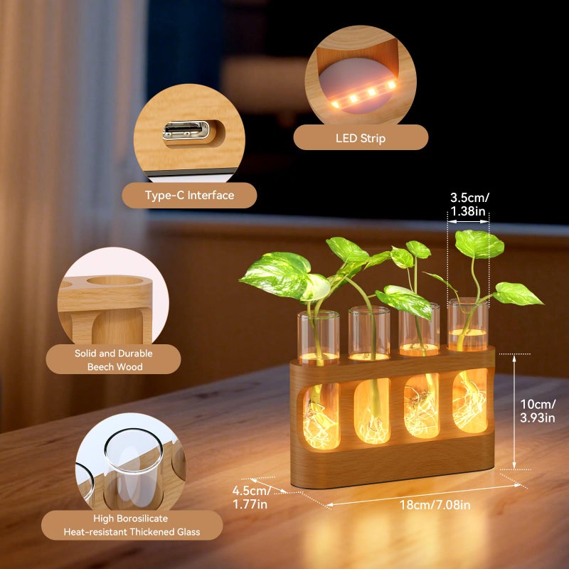 Giunn Plant Propagation Station with 9-Speed Adjustable LED Lights, Wooden Stand, 4 Glass Test Tubes for Hydroponic Plants, Unique Gift for Plant Lovers - Image 2
