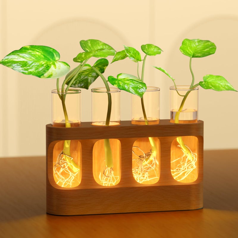 Giunn Plant Propagation Station with 9-Speed Adjustable LED Lights, Wooden Stand, 4 Glass Test Tubes for Hydroponic Plants, Unique Gift for Plant Lovers - Image 1