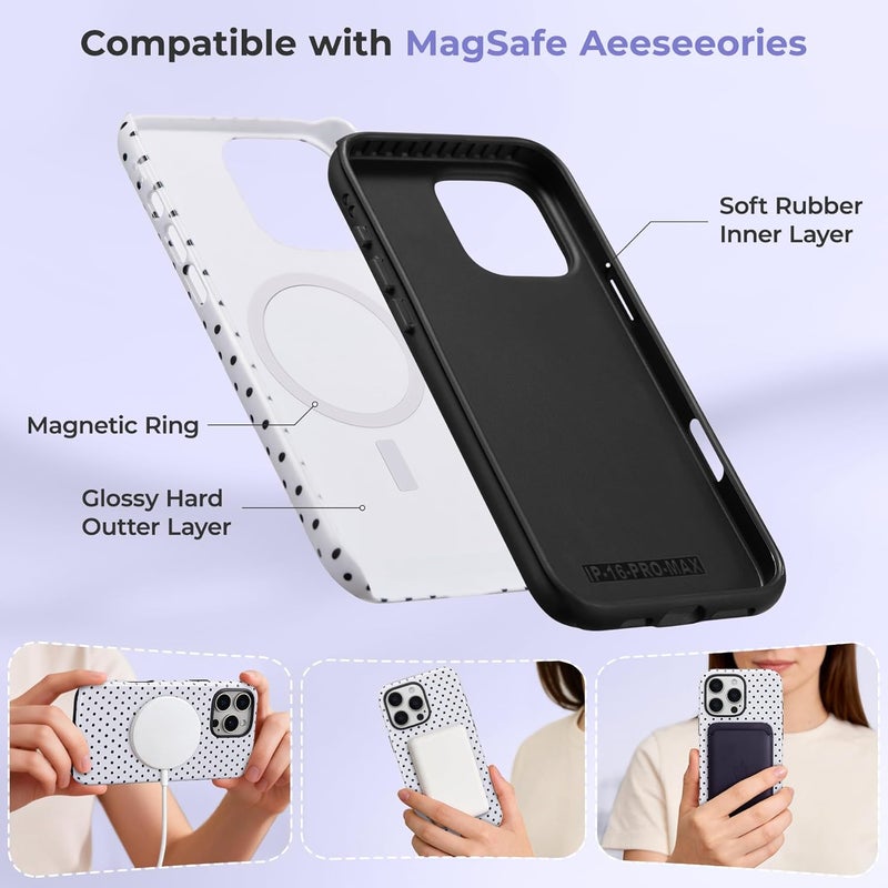حافظة مغناطيسية من لهاتف iPhone 16 Pro Max، بتصميم نقاط متناثرة جميل، غطاء واقي ناعم من البلاستيك الخالي من الرصاص (TPU)، مقاوم للصدمات، أنيق، مناسب للفتيات والنساء – اللون الأبيض. - Image 3