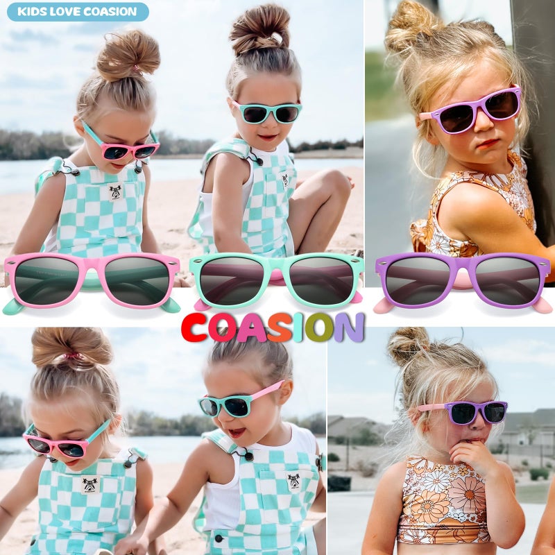 COASION مجموعة نظارات شمسية قطبية للأطفال من COASION، مصنوعة من مطاط TPEE المرن، نظارات للفتيات والفتيان من عمر 3-9 سنوات، 3 قطع (بنفسجي/رمادي + وردي/رمادي + أخضر تفاحي/رمادي) - Image 2