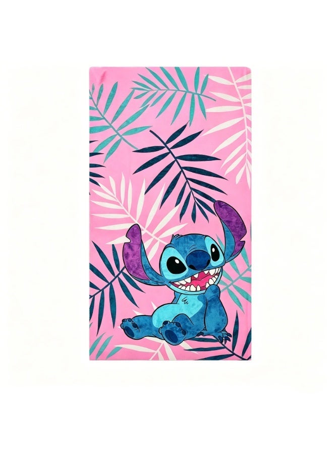 Pink tropical leaf beach towel with a fun cartoon Stitch print, perfect for seaside vacations, pool splashing, and outdoor camping. - Image 1