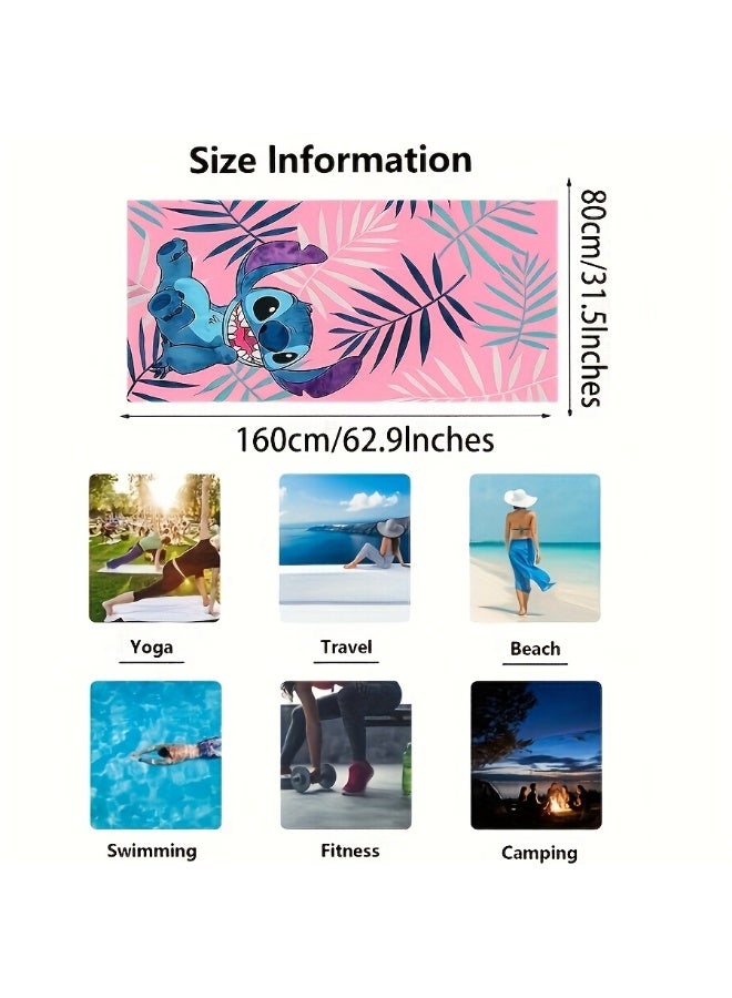 Pink tropical leaf beach towel with a fun cartoon Stitch print, perfect for seaside vacations, pool splashing, and outdoor camping. - Image 2