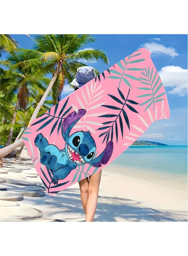 Pink tropical leaf beach towel with a fun cartoon Stitch print, perfect for seaside vacations, pool splashing, and outdoor camping. - Image 3
