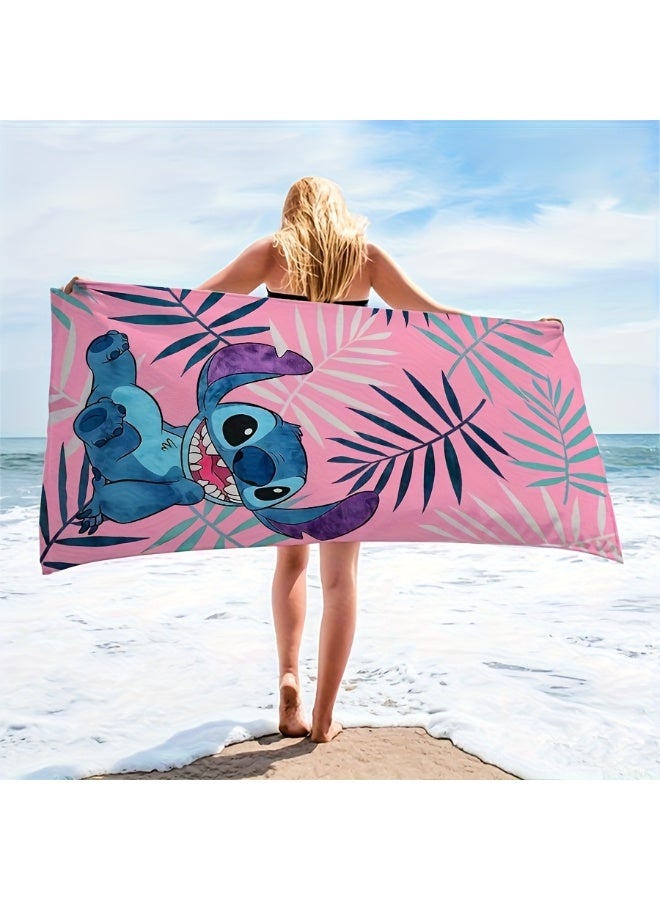 Pink tropical leaf beach towel with a fun cartoon Stitch print, perfect for seaside vacations, pool splashing, and outdoor camping. - Image 4