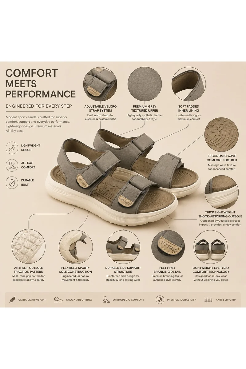 Feet First Men’s Sports Sandals with Adjustable Velcro Straps – Lightweight Comfort Outdoor Walking Sandals