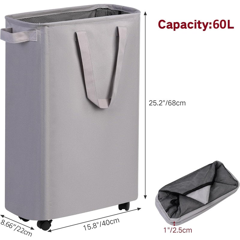 efluky Slim Laundry Hamper with Wheels, Rolling Laundry Basket for Clothes, Small Laundry Basket for Bedroom, Dorm and Laundry Room, 60L (12.7 Gallons) Grey - Image 2
