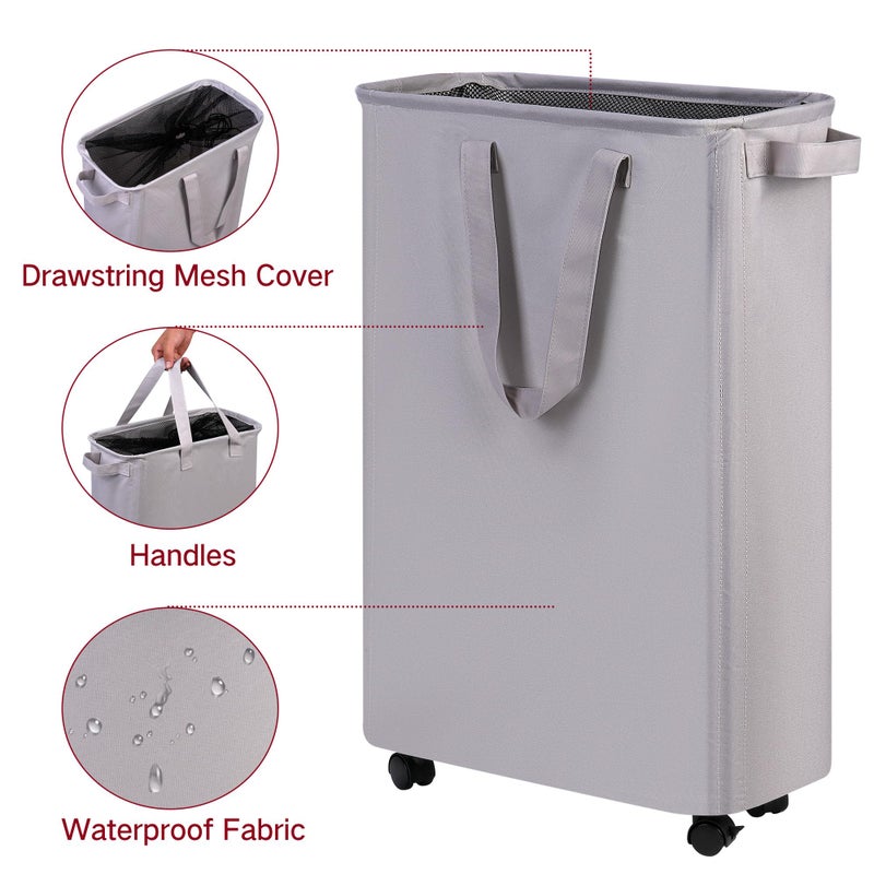 efluky Slim Laundry Hamper with Wheels, Rolling Laundry Basket for Clothes, Small Laundry Basket for Bedroom, Dorm and Laundry Room, 60L (12.7 Gallons) Grey - Image 3