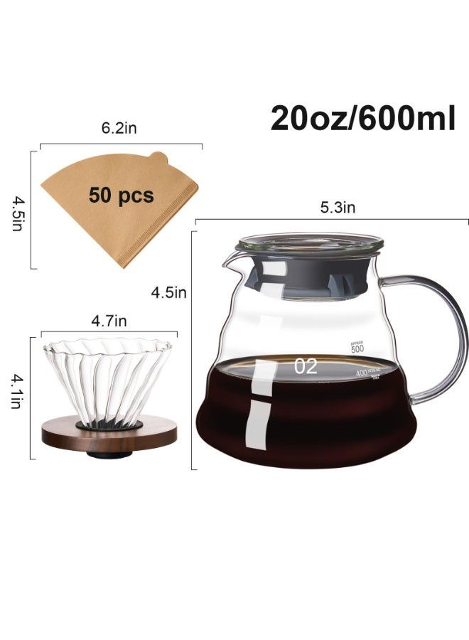 صب فوق مجموعة صانعة القهوة 600ML ، سيرفر القهوة الزجاجية البوروسيليكات مع فلتر ورق 50 جهاز كمبيوتر شخصي V60 ، صب فوق قافلة قطرة القهوة للمنزل مقهى مطعم التخييم - Image 5