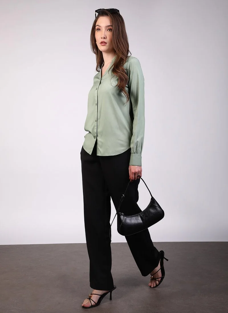Urbano Fashion  Urbano Fashion Women's Dusty Green Modal Viscose Full Sleeve Regular Fit Casual Solid Shirt with Mandarin Collar for Women | Best Price UAE