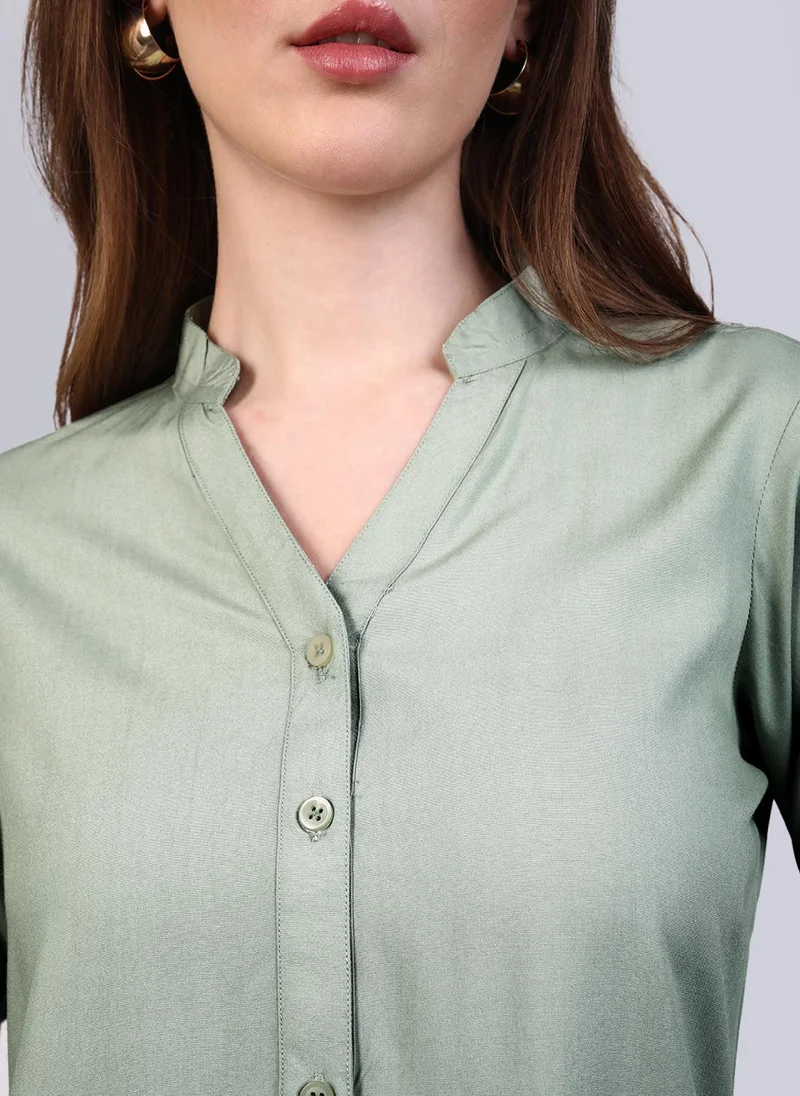 Urbano Fashion  Urbano Fashion Women's Dusty Green Modal Viscose Full Sleeve Regular Fit Casual Solid Shirt with Mandarin Collar for Women | Best Price UAE