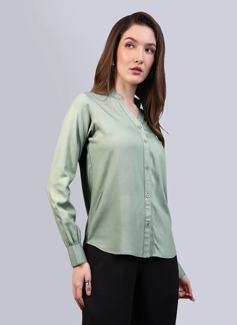 Urbano Fashion Women's Dusty Green Modal Viscose Full Sleeve Regular Fit Casual Solid Shirt with Mandarin Collar
