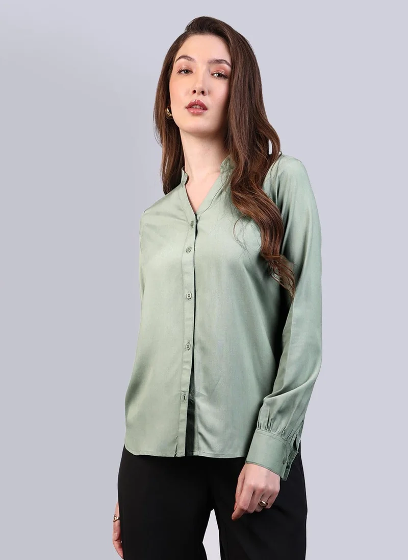 Urbano Fashion  Urbano Fashion Women's Dusty Green Modal Viscose Full Sleeve Regular Fit Casual Solid Shirt with Mandarin Collar for Women | Best Price UAE