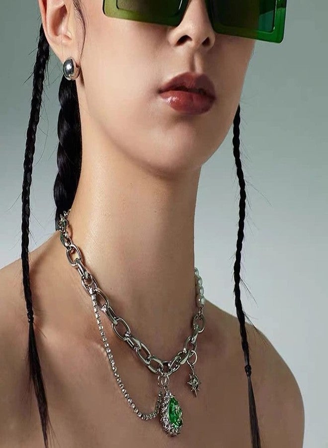 ويوپار قلادة شوكر أنيقة من اللؤلؤ والمعدن من Wiwpar، سلسلة تنس، سلسلة معدنية سميكة، قلادة عتيقة الطراز مع دلاية من الكريستال الأخضر للنساء - Image 3