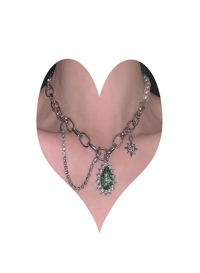 ويوپار قلادة شوكر أنيقة من اللؤلؤ والمعدن من Wiwpar، سلسلة تنس، سلسلة معدنية سميكة، قلادة عتيقة الطراز مع دلاية من الكريستال الأخضر للنساء - Image 1