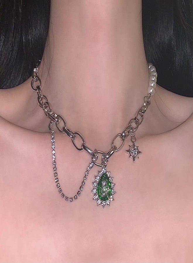 ويوپار قلادة شوكر أنيقة من اللؤلؤ والمعدن من Wiwpar، سلسلة تنس، سلسلة معدنية سميكة، قلادة عتيقة الطراز مع دلاية من الكريستال الأخضر للنساء - Image 2
