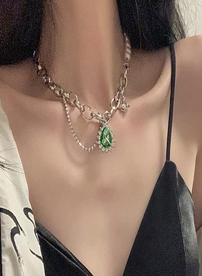 ويوپار قلادة شوكر أنيقة من اللؤلؤ والمعدن من Wiwpar، سلسلة تنس، سلسلة معدنية سميكة، قلادة عتيقة الطراز مع دلاية من الكريستال الأخضر للنساء - Image 5