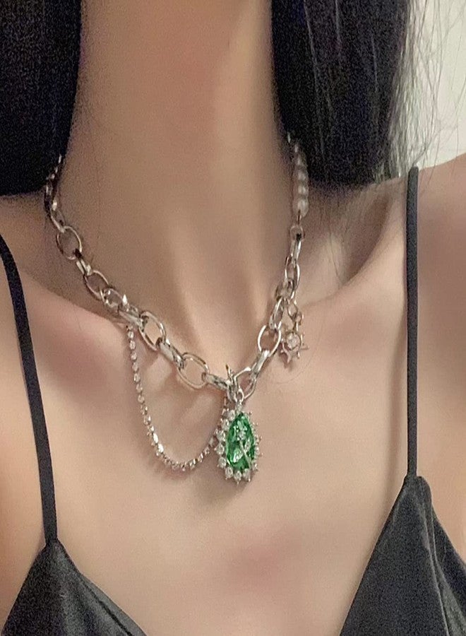 ويوپار قلادة شوكر أنيقة من اللؤلؤ والمعدن من Wiwpar، سلسلة تنس، سلسلة معدنية سميكة، قلادة عتيقة الطراز مع دلاية من الكريستال الأخضر للنساء - Image 4