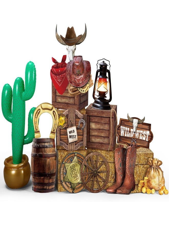 Colingmill 20 Pcs Western Cowboy Party Decorations Hay Bales Straw Boxes Inflatable Cactus Cowgirl Card Hat Horseshoe for Birthday Wedding Photo Booth Props Cowboy Party Birthday Fall Harvest Farm - Image 1