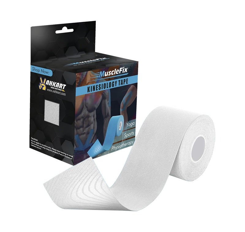 MuscleFix Athletic Sports Kinesiology Tape | Tape for Injury, Muscle Support, Pain Relief, Joint Support and Physiotherapy (5 m * 5 cm) (White) - Image 1