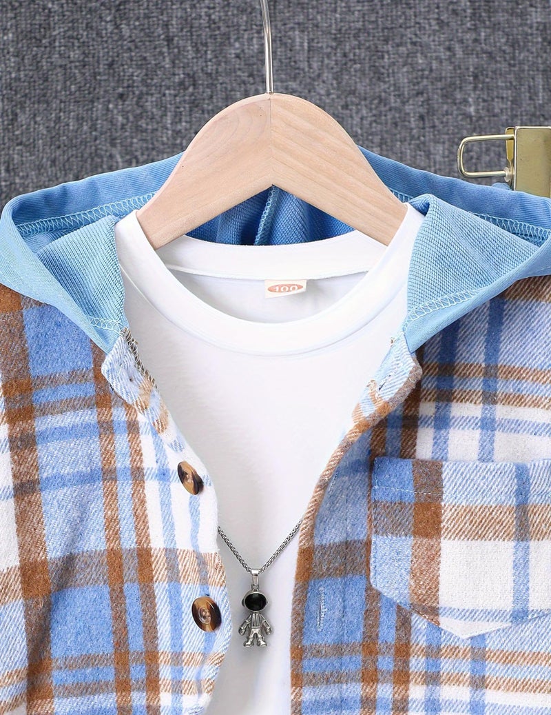 Fdqin Toddler Boys Sweatsuit Fall Outfits Flannel Plaid Hoodie Shirt and Casual Sweatpants with Pocket Blue 3-4 Years - Image 3