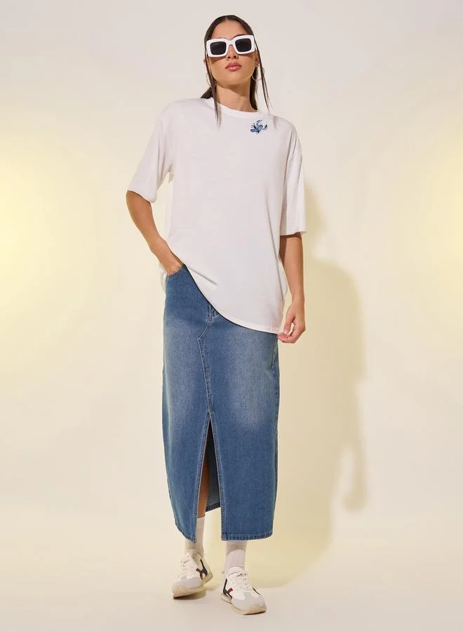 Take Two Round Neck Embroidered Sleeve Detail T-Shirt