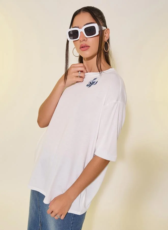 Take Two Round Neck Embroidered Sleeve Detail T-Shirt