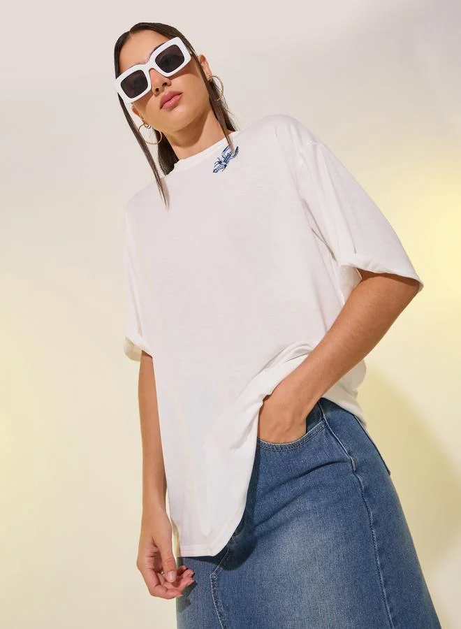 Take Two Round Neck Embroidered Sleeve Detail T-Shirt