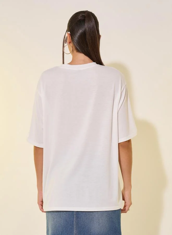 Take Two Round Neck Embroidered Sleeve Detail T-Shirt