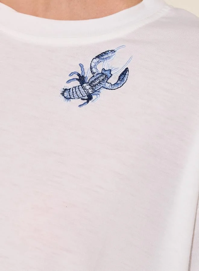 Take Two Round Neck Embroidered Sleeve Detail T-Shirt