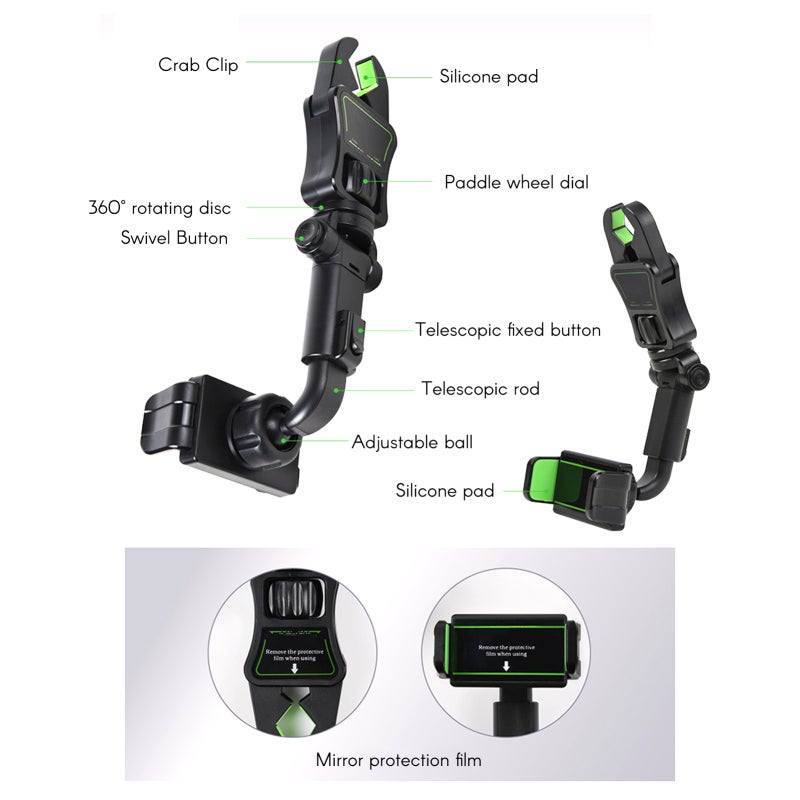 Car Phone Holder: Green ABS Material - 900° Rotation Multifunctional Phone Holder for Car Rearview Mirror Navigation & Hands-Free Driving - Image 2