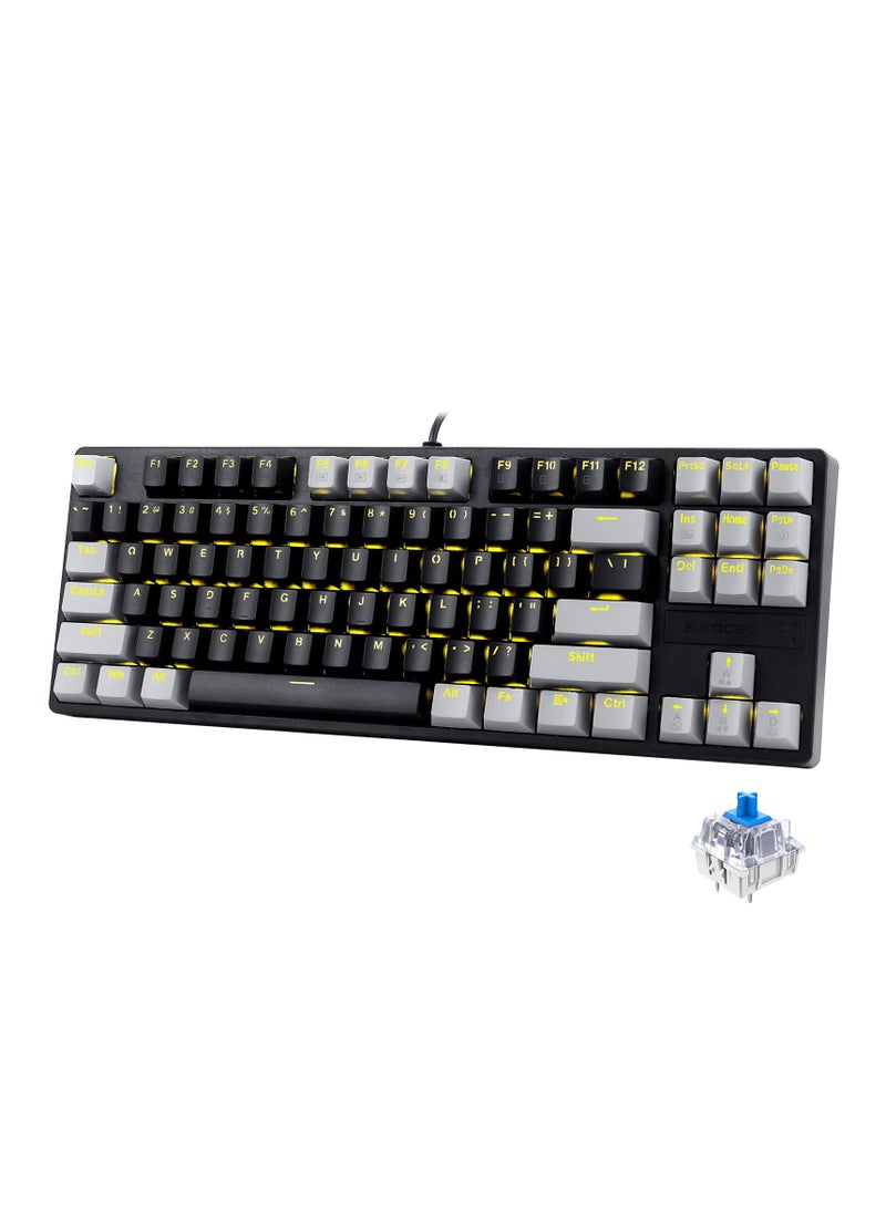87keys Mechanical Gaming Keyboard, Compact Wired Keyboard, Hot-Swap Socket, with Yellow Blacklight, Black Grey-Blue Switches