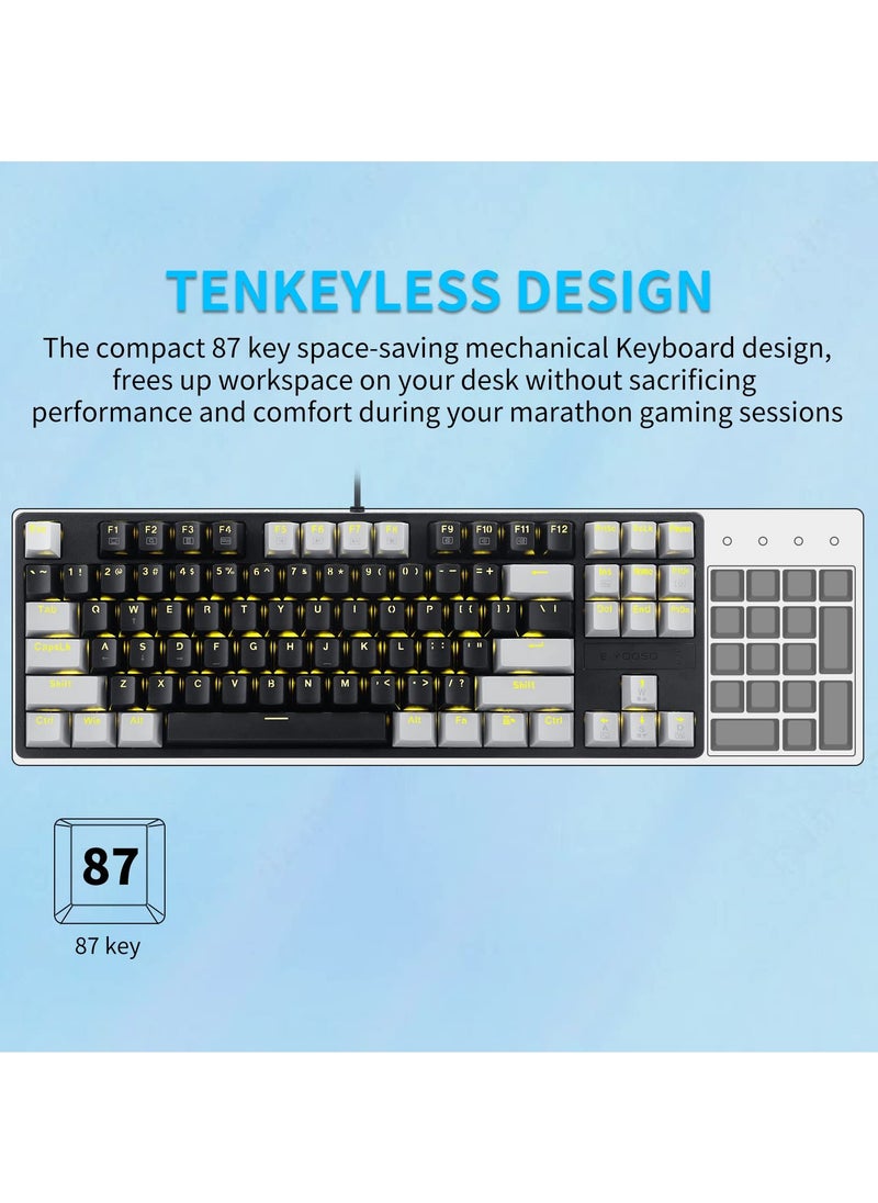 87keys Mechanical Gaming Keyboard, Compact Wired Keyboard, Hot-Swap Socket, with Yellow Blacklight, Black Grey-Blue Switches